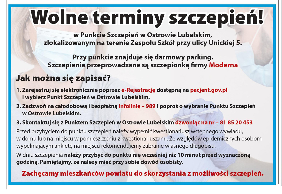 Zapraszamy do Punktu Szczepień w Ostrowie Lubelskim